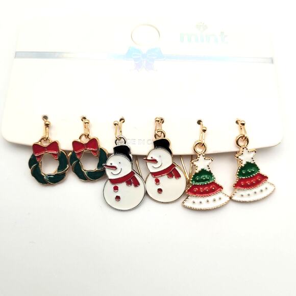 Holiday Christmas Fashion Earrings 3 Pair Tree Snowman Wreath Gift  Gold Tone - Picture 1 of 4